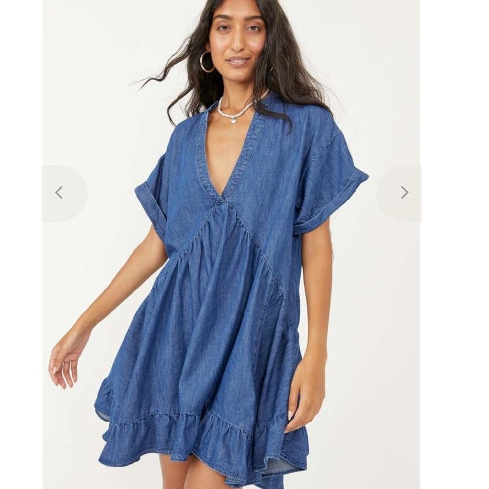 Free People Agnes Denim Shady Sea Wash V-Neck Tiered Ruffle Mini Dress Sz XS
